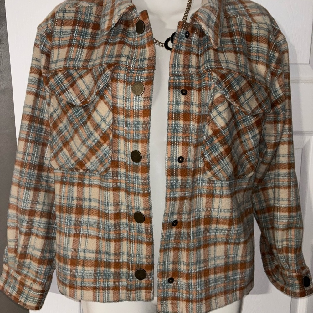Democracy Plaid Shacket w/ pockets in Orange and Blue